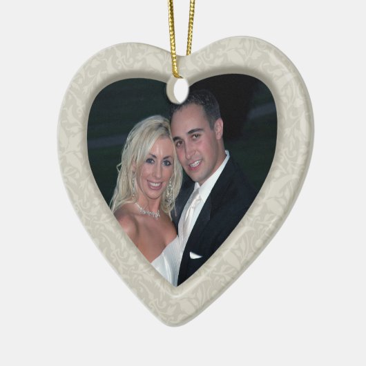 エレガントなダマスク織の初めてのクリスマスの写真のオーナメント セラミックオーナメント (左)