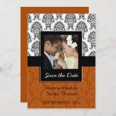 エレガントなダマスク織の恋人の結婚式招待状(ブラウン) セーブザデート (正面/裏面)