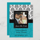 エレガントなダマスク織の恋人の結婚式招待状(Turquois セーブザデート (正面/裏面)