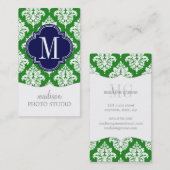 エレガントなダマスク織の緑及びモノグラムのな海軍カスタム 名刺 (正面/裏面)