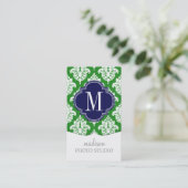 エレガントなダマスク織の緑及びモノグラムのな海軍カスタム 名刺 (スタンド正面)