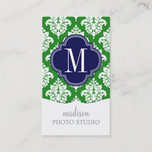 エレガントなダマスク織の緑及びモノグラムのな海軍カスタム 名刺 (正面)