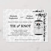 エレガントなダマスク織の背景が付いている粋な鳥かご 招待状 (正面/裏面)