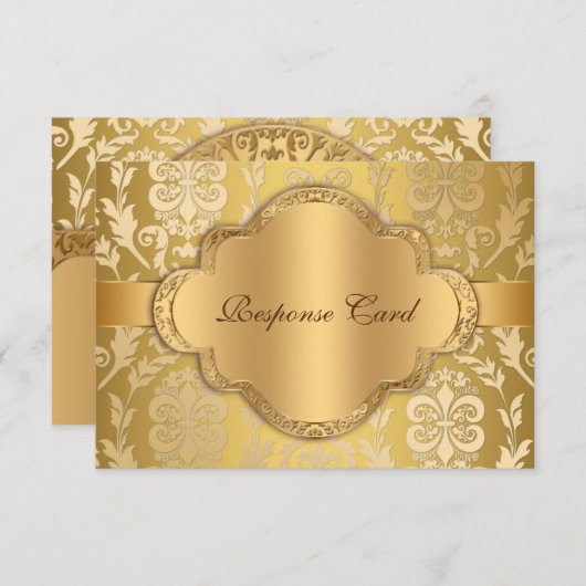 エレガントなダマスク織の花の渦巻の金ゴールド記念日RSVP 出欠カード (正面/裏面)