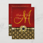 エレガントなダマスク織の黒の赤の金ゴールド 出欠カード (正面/裏面)