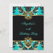 エレガントなダマスク ティールブルー ゴールド ブラック バースデーパーティー 招待状 (正面)