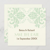 エレガントなダマスク ミント アイボリー ウェディング Save the Date 招待状 (正面/裏面)