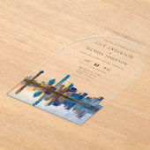 エレガントなダラス市街地の水彩画 ウェディングアーチ アクリル招待状 (レイダウン)