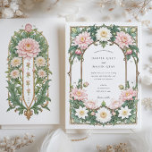 エレガントなダリアのアールヌーボー結婚式 ソフトピンク 招待状