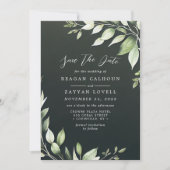 エレガントなダークグリーンの葉の装飾でセーブ・ザ・デートを 招待状 (正面)