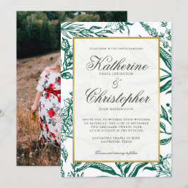 エレガントなダークグリーンゴールドボタニカルフォトウェディング 招待状