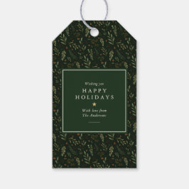エレガントなダークグリーンボタニカル ハッピーホリデー ギフトタグ