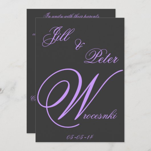 エレガントなダークグレーおよび紫色の結婚式招待状 招待状 (正面/裏面)