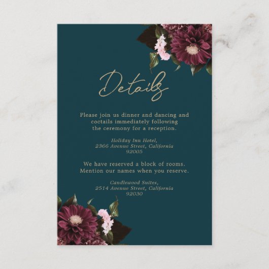 エレガントなダークテール バーガンディ フローラル ウェディング エンクロージャーカード (正面)