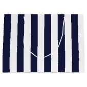 エレガントなダークネイビーブルーとホワイトのストライプ模様 ラージペーパーバッグ (正面)