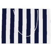 エレガントなダークネイビーブルーとホワイトのストライプ模様 ラージペーパーバッグ (裏面)