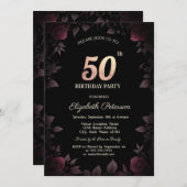 エレガントなダークバーガンディローズ ブラック 50歳の誕生日 招待状 (正面/裏面)