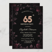 エレガントなダークバーガンディローズ ブラック 65歳の誕生日 招待状 (正面/裏面)