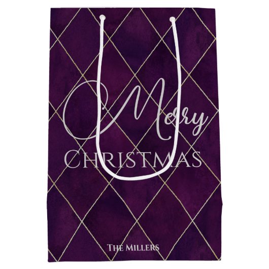 エレガントなダークパープルのアーガイル柄 メリークリスマス ミディアムペーパーバッグ (裏面)