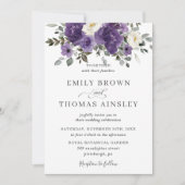 エレガントなダークパープル ホワイト フラワー グリーン ウェディング 招待状 (正面)