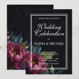 エレガントなダークピンクの水彩花の結婚式 招待状