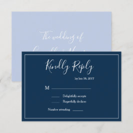 エレガントなダークブルーとホワイトのモダンな結婚式の返信ハガキ 招待状