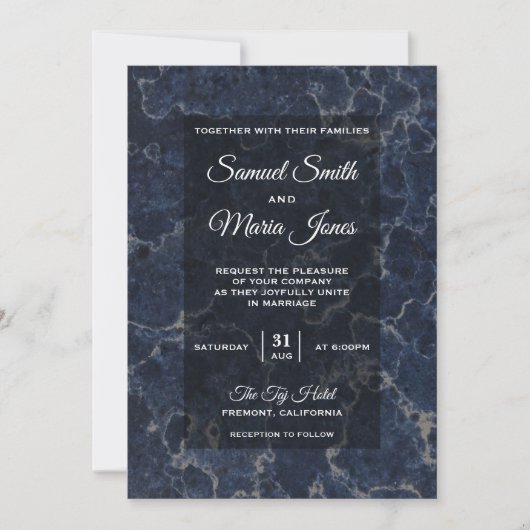 エレガントなダークブルーマーブルの結婚式招待状 招待状 (正面)
