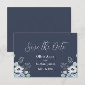 エレガントなダークブルー＆ホワイトの花 セーブザデート (正面/裏面)