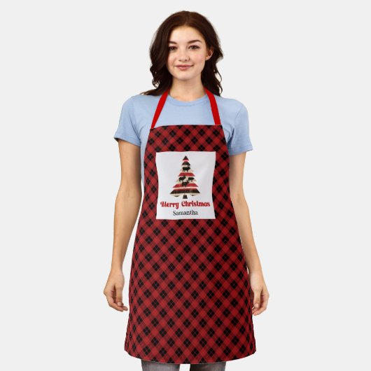 エレガントなチェック柄のバイソン プライド ツリー パーソナライズ エプロン (着用した状態)