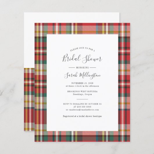 エレガントなチェック柄のラスティックな結婚式前祝いの招待状 (正面/裏面)