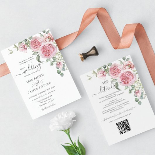 エレガントなチックなバーガンディピンクの花の結婚式の詳細QRコード付き 招待状