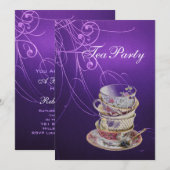 エレガントなチックな渦巻き ヴィンテージ パープル ティーパーティー 招待状 (正面/裏面)