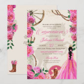 エレガントなチャロピンクのローズウェスタンランチのキンセアニエラ 招待状 (正面/裏面)