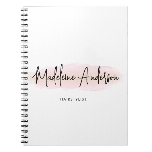 エレガントなチーク ブラッシュ ピンク ゴールド グリッター ヘアスタイリスト ノートブック (正面)