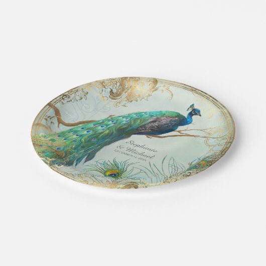 エレガントなツリーブランチの魅力的でフェイクな金ぱくの孔雀 ペーパープレート (アングル)