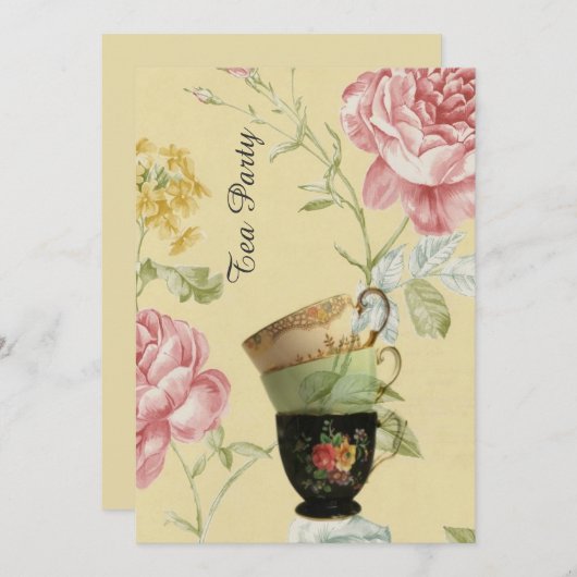 エレガントなティーカップの春のヴィンテージのお茶会 招待状 (正面/裏面)