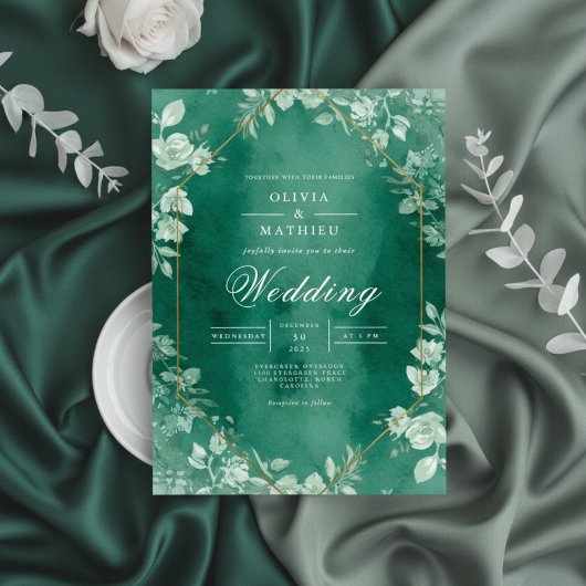 エレガントなティール+フラワーリースの結婚式 招待状