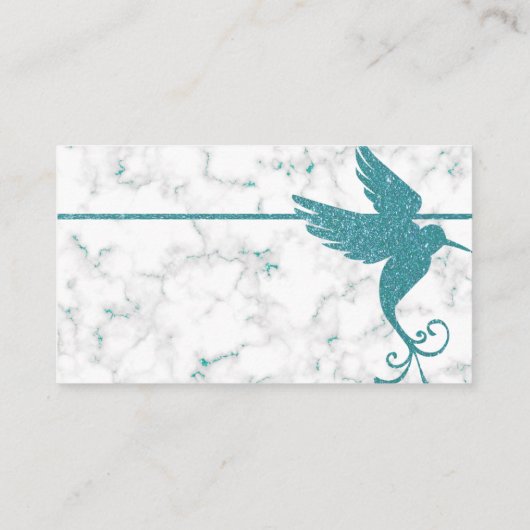 エレガントなティール(緑がかった色)のグリッターのハチドリが付いている白い大理石 名刺 (裏面)