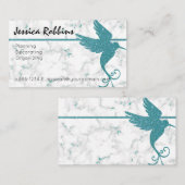 エレガントなティール（緑がかった色）のグリッターのハチドリが付いている白い大理石 名刺 (正面/裏面)