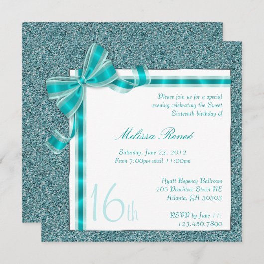 エレガントなティール(緑がかった色)の弓とのフェイクなグリッターの招待 招待状 (正面/裏面)