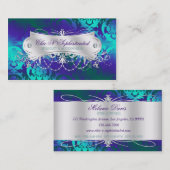 エレガントなティール(緑がかった色)の紫色のダマスク織の渦巻 名刺 (正面/裏面)