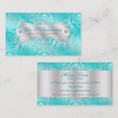 エレガントなティール(緑がかった色)の青いダマスク織の渦巻 名刺 (正面/裏面)