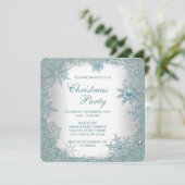 エレガントなティール（緑がかった色）の青い雪片のクリスマス・パーティ 招待状 (スタンド正面)