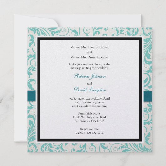 エレガントなティール（緑がかった色）の青および白いダマスク織の結婚式 招待状 (裏面)