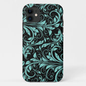 エレガントなティール(緑がかった色)の青および黒いダマスク織の花柄パターン Case-Mate iPhoneケース (裏面)