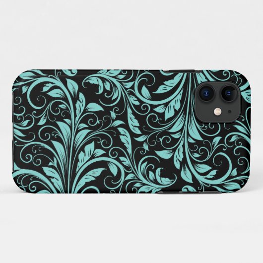 エレガントなティール(緑がかった色)の青および黒いダマスク織の花柄パターン Case-Mate iPhoneケース (裏面(横))