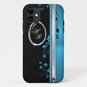 エレガントなティール(緑がかった色)及び黒い花のモノグラムのiPhone 5 iPhone 11 ケース