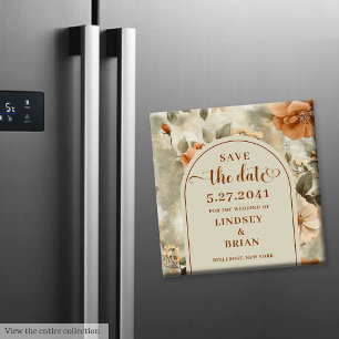 エレガントなテラコッタアイボリーのセイジ フローラル セーブ・ザ・デート マグネット