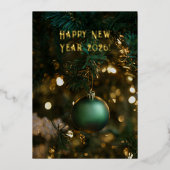 エレガントなディープグリーンとゴールドの新年2026年おめでとう 箔シーズンカード (正面)