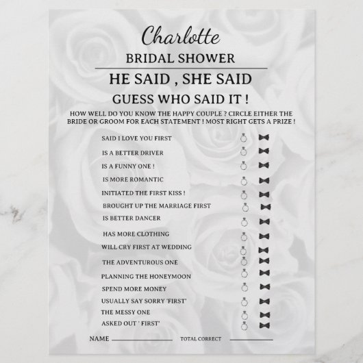 エレガントなデザインの「彼が言った、彼女が言った」結婚前のお茶会ゲーム チラシ (正面)